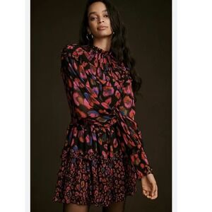 NEW Farm Rio Anthropologie Iridescent Leopard Ruffled Mini Dress‎ Long Sleeve S